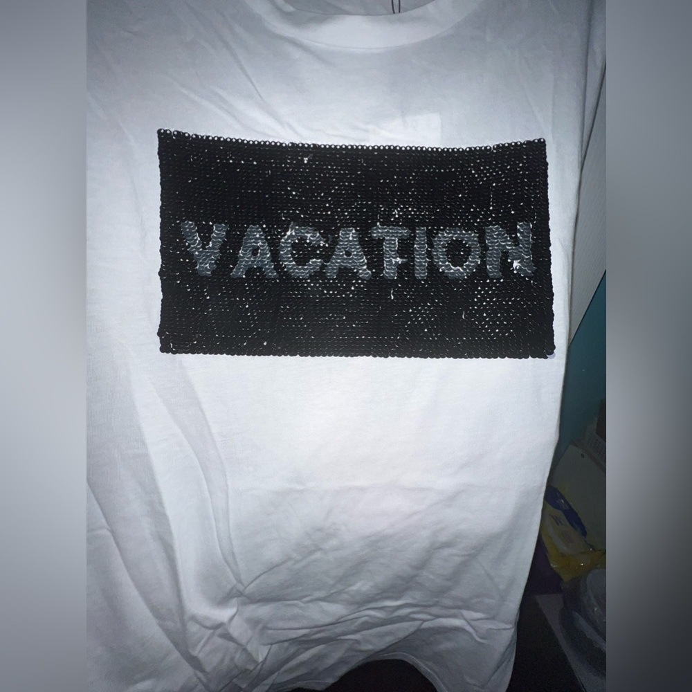 MANGO WORK HARD/VACATION SEQUINS WHITE TEE